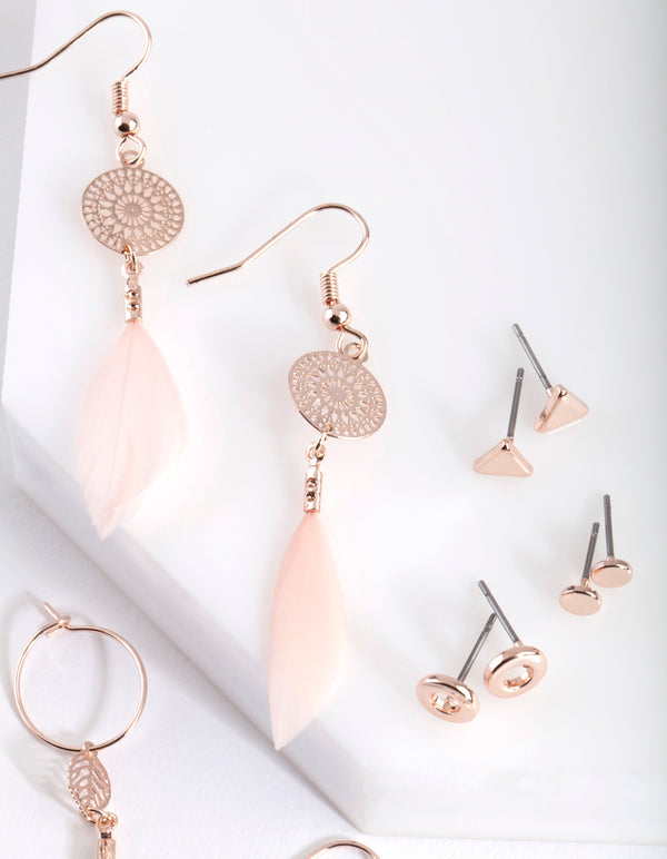 Rose Gold Pretty Feather Drop Earring Pack