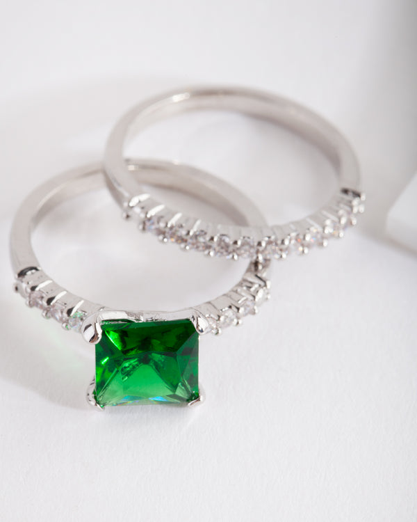 Square Emerald Cubic Zirconia Ring Set
