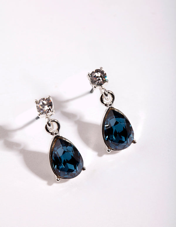 Silver Diamond Simulant Navy Teardrop Earrings