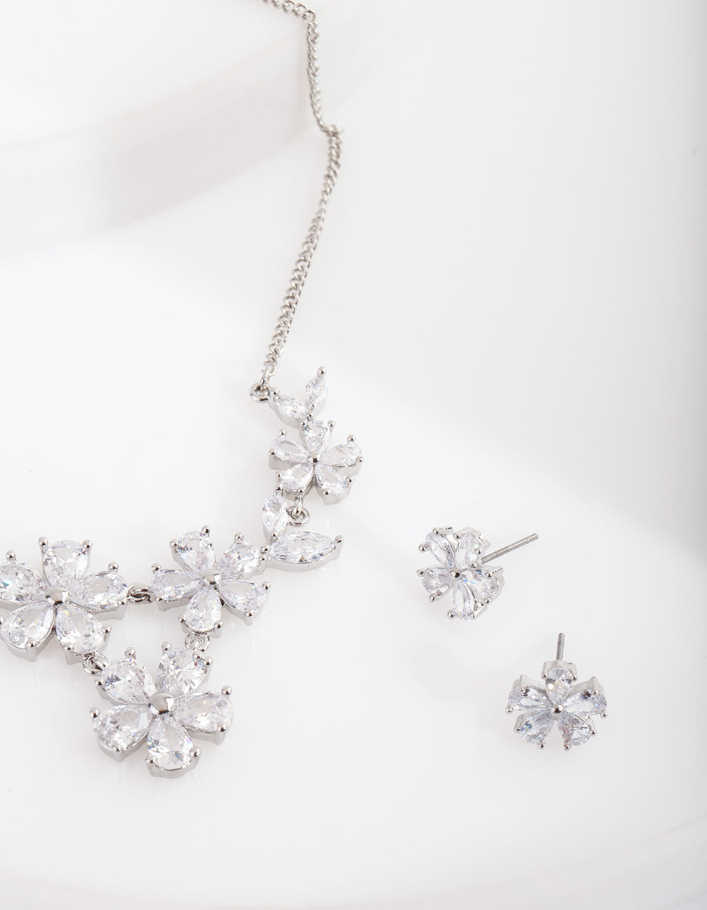 Silver Diamond Simulant Floral Necklace Earrings Set