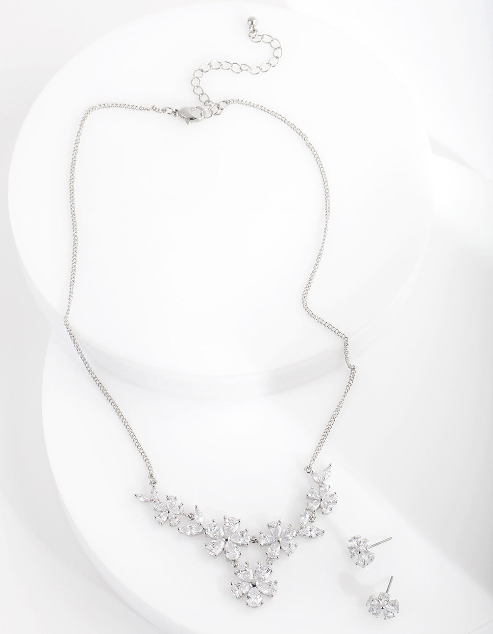 Silver Diamond Simulant Floral Necklace Earrings Set