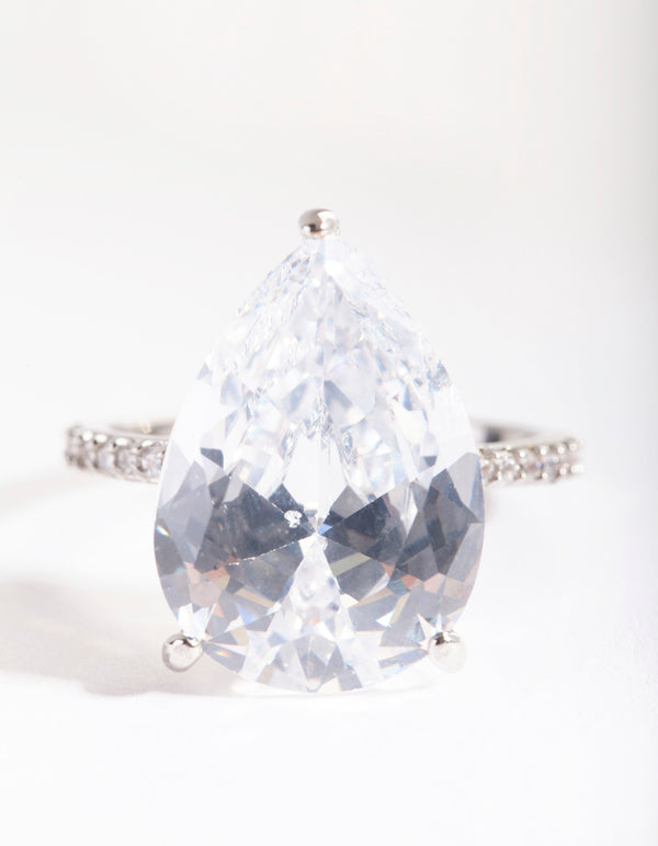 Silver Cubic Zirconia Large Pear Stone Ring
