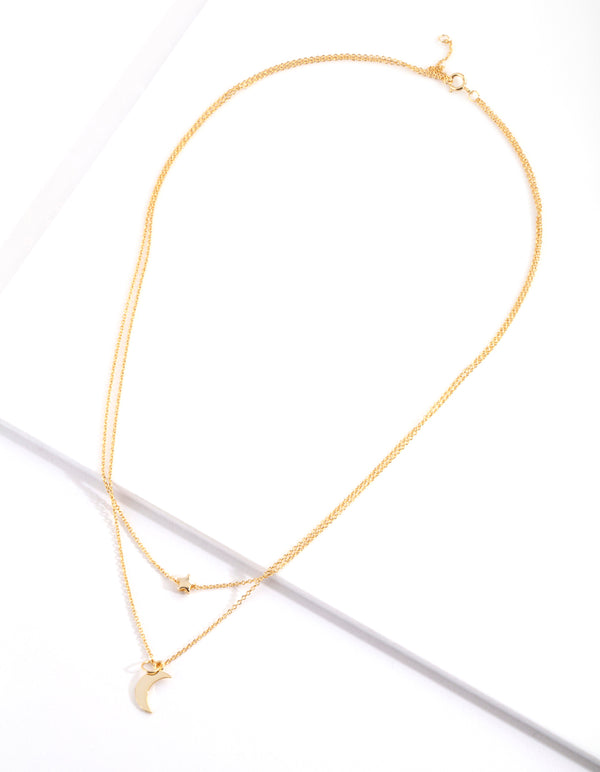 Gold Plated Sterling Silver Moon & Star Double Layer Necklace