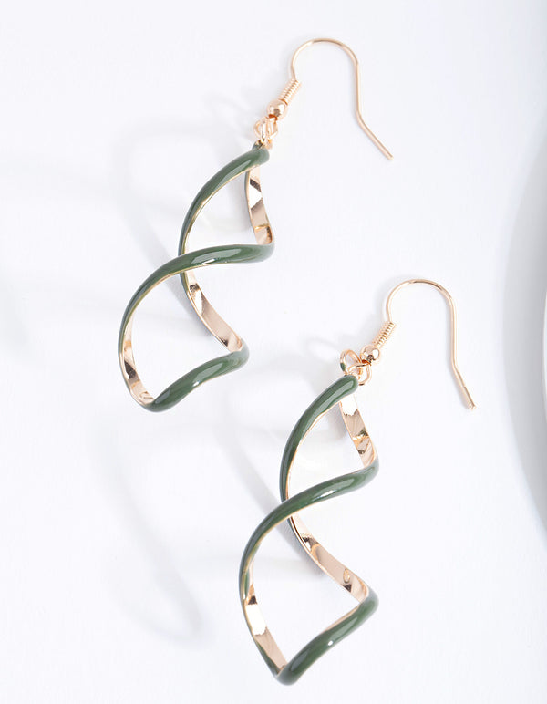 Gold Green Spiral Earrings