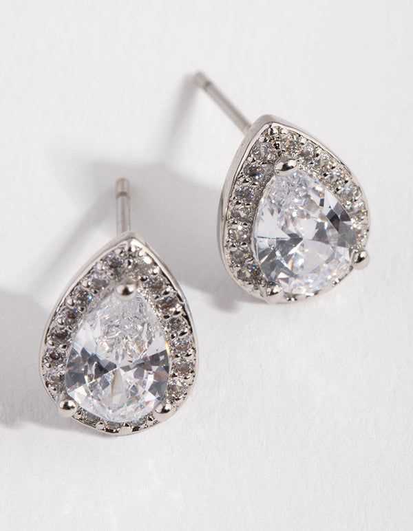 Silver Diamond Simulant Halo Pear Stud Earrings