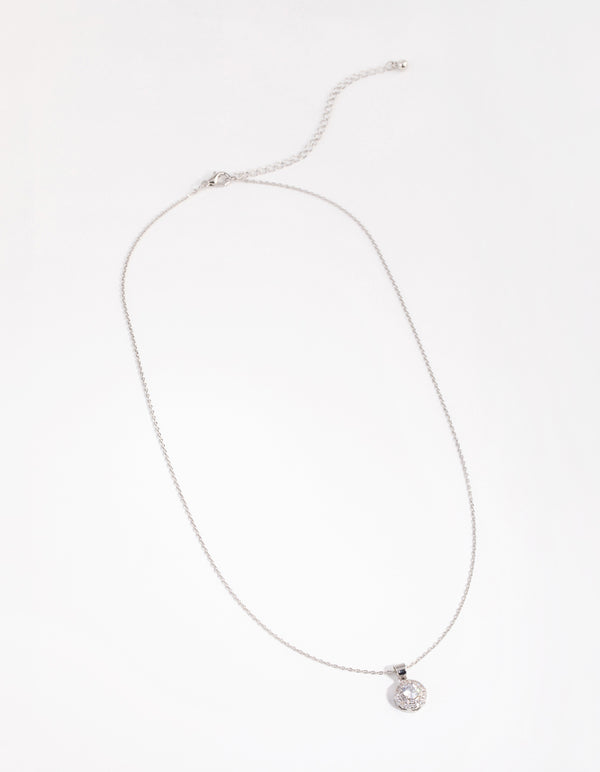 Diamond Simulant Silver Round Halo Necklace