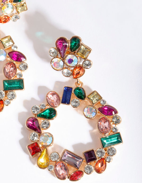 Gold Multi Stone Open Circle Earrings