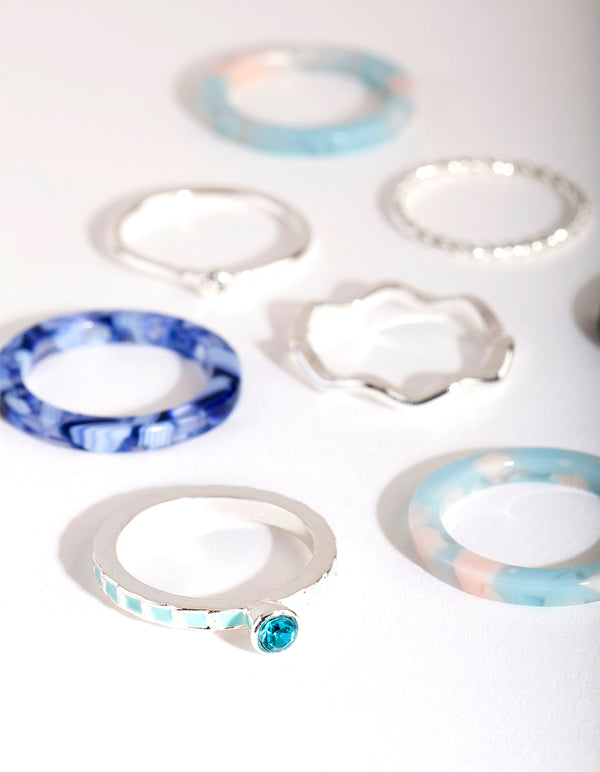 Silver Blue Marble Ring 8-Pack