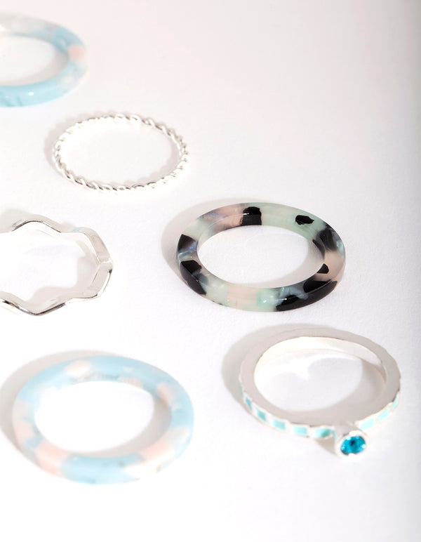 Silver Blue Marble Ring 8-Pack