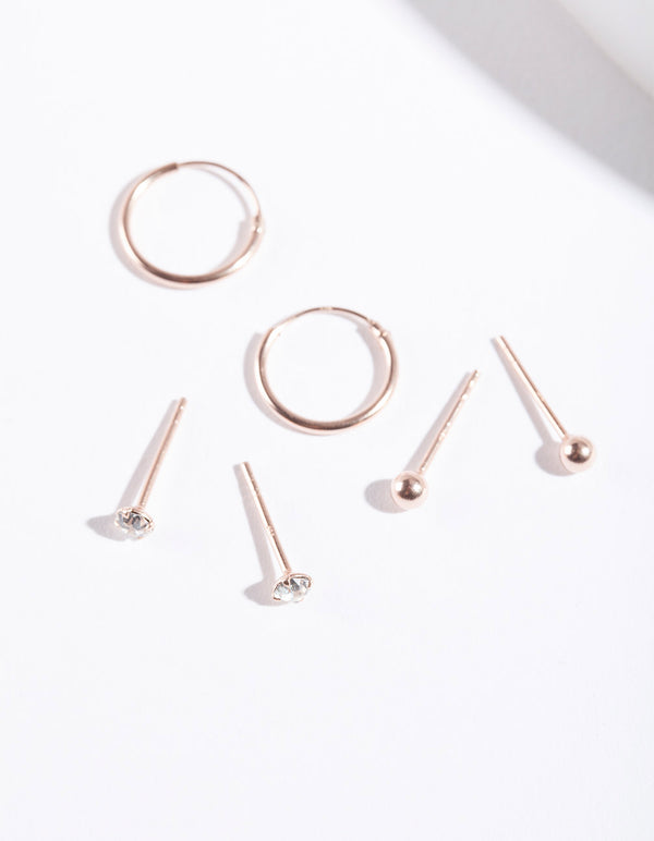 Rose Gold Plated Sterling Silver Diamante Ball & Hoop Earring Pack