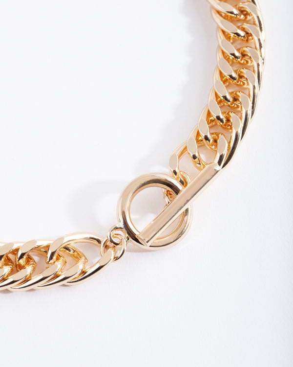 Gold Plated Flat Curb Necklace with Front Clasp