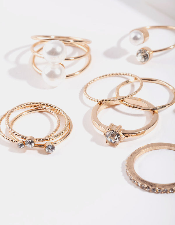 Gold Pearl Diamante Ring 4-Pack