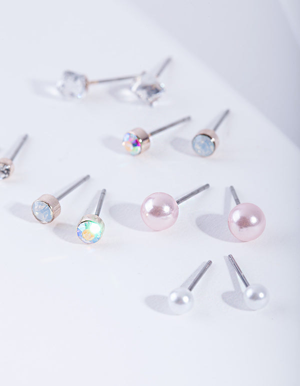 Kids Rose Gold Diamante Pearl Stud Earring 6-Pack