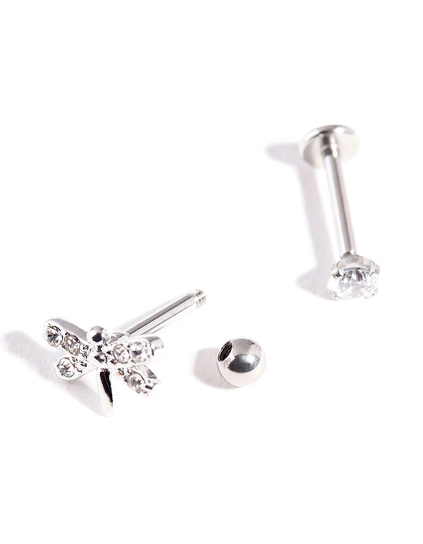 Silver Surgical Steel Cubic Zirconia Dragonfly Barbell Pack