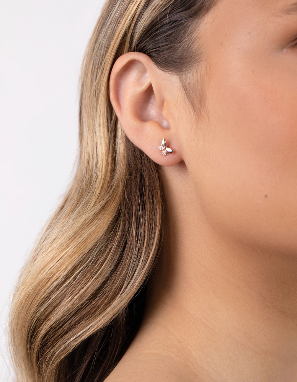 Rose Gold Plated Sterling Silver Half Pave Butterfly Stud Earrings