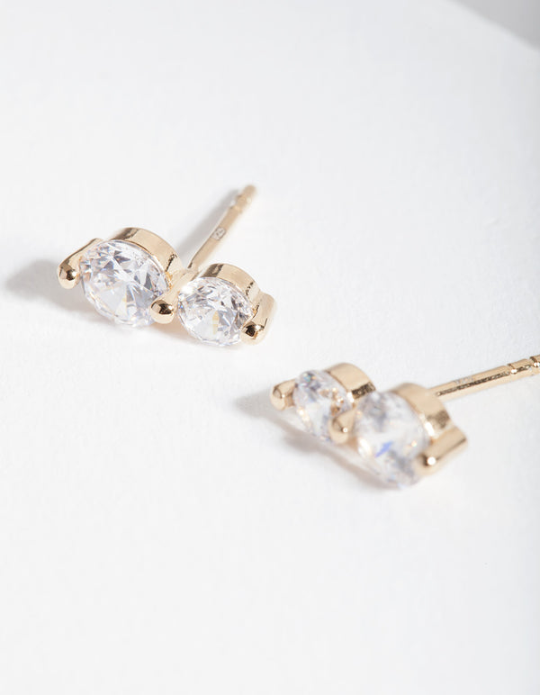 Gold Plated Sterling Silver Double Crystal Stud Earrings