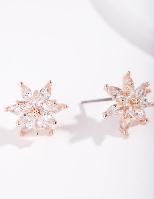 Gold Diamond Simulant Flower Stud Earrings