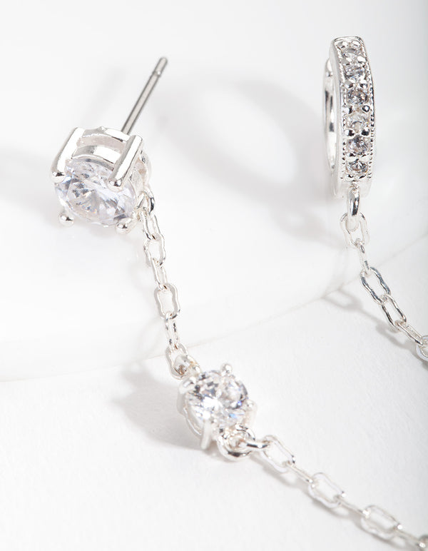 Silver Stud and Chain Diamante Huggie Earrings