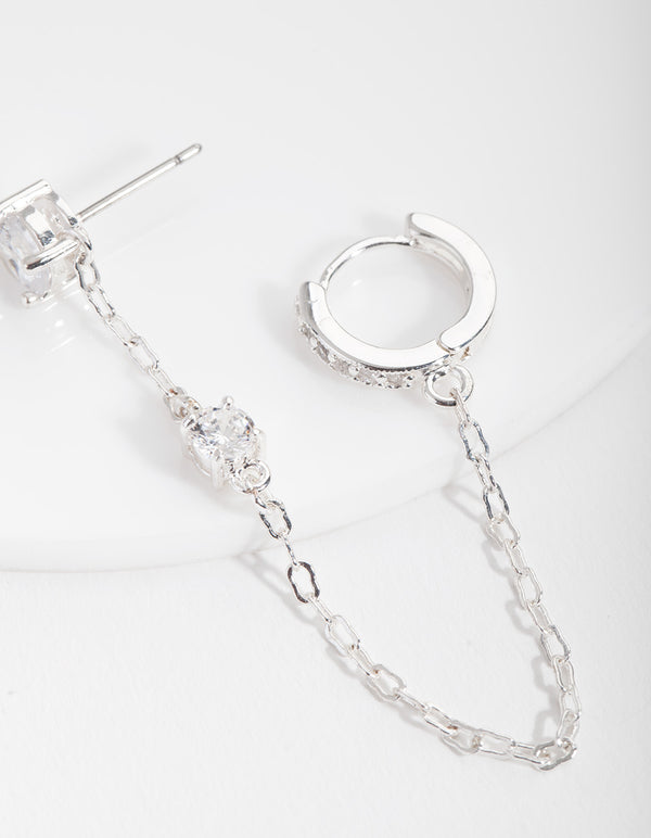 Silver Stud and Chain Diamante Huggie Earrings