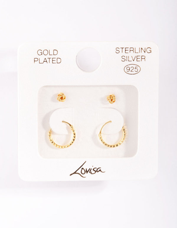 Gold Plated Sterling Silver Knot Stud Hoop Earring Pack