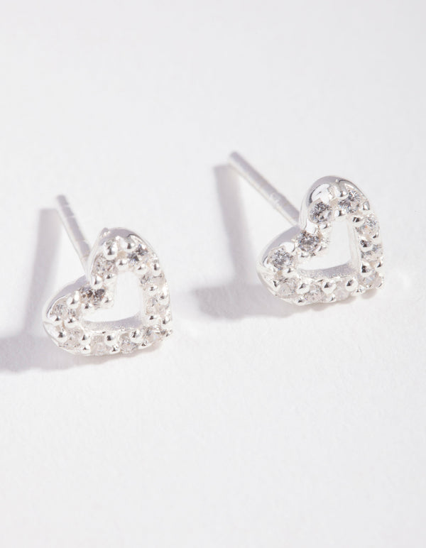 Sterling Silver Cubic Zirconia Pave Open Heart Stud Earrings