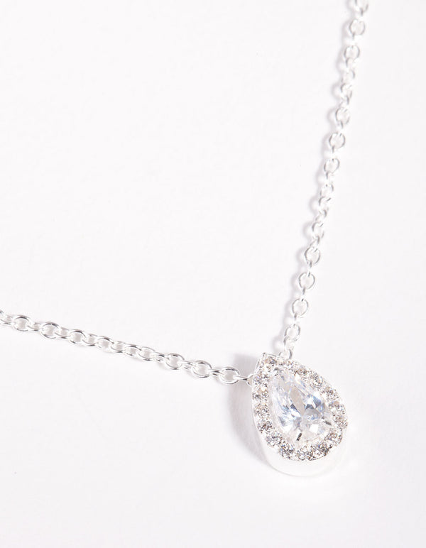 Sterling Silver Cubic Zirconia Pear Halo Necklace