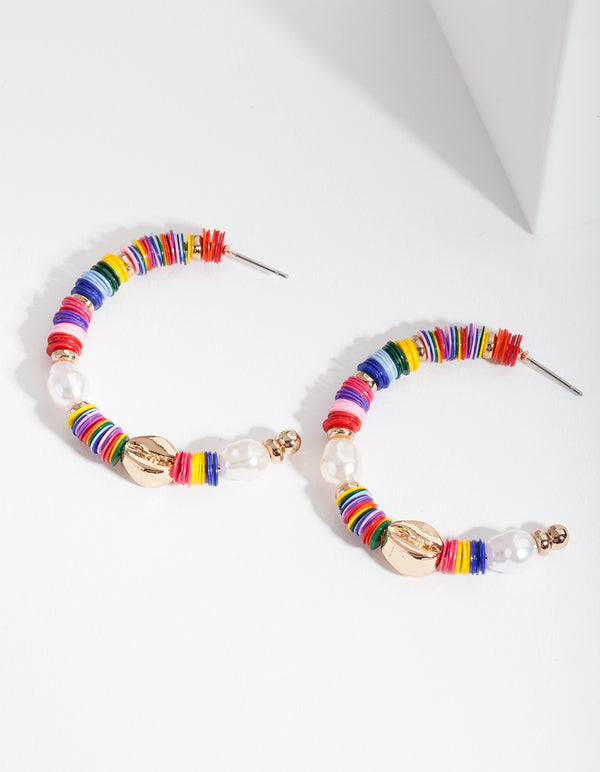 Gold Multicoloured Bead Hoop Earrings