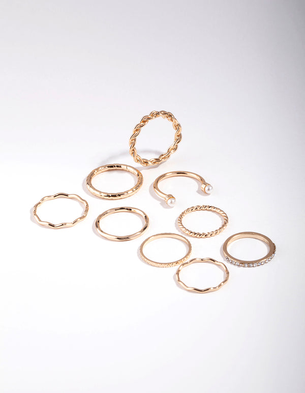 Gold Wave & Pearl Midi Ring 9-Pack