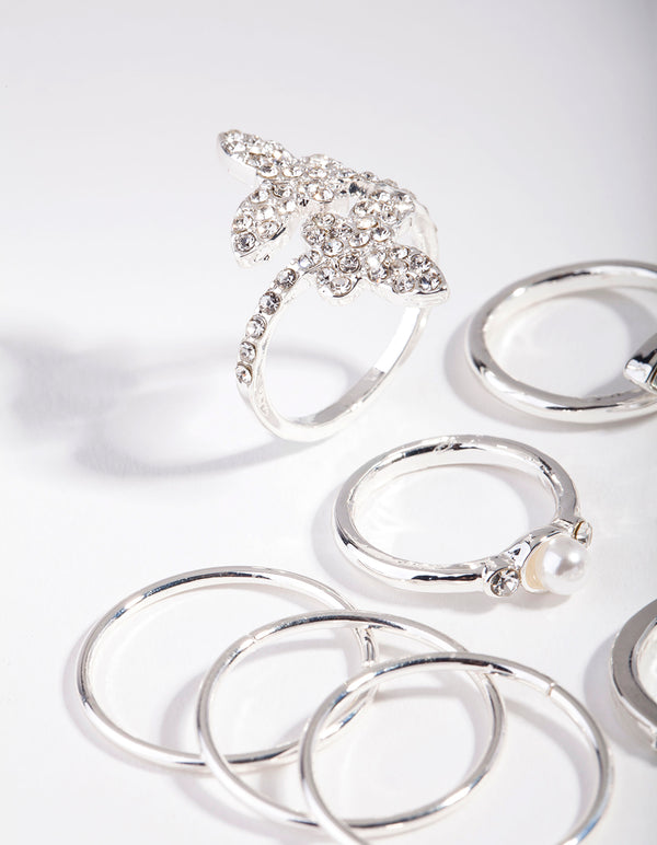 Silver Butterfly Diamante Ring Set