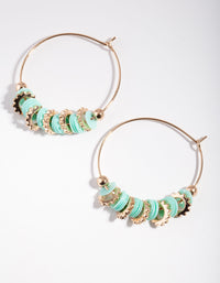 Gold Turquoise Half Flat Bead Hoop Earrings - link has visual effect only