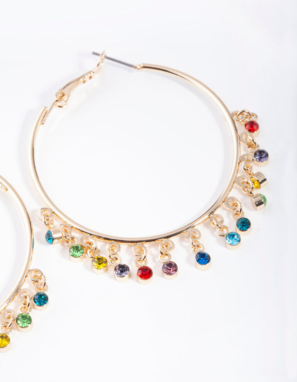 Gold Hoop Rainbow Diamante Charm Earrings