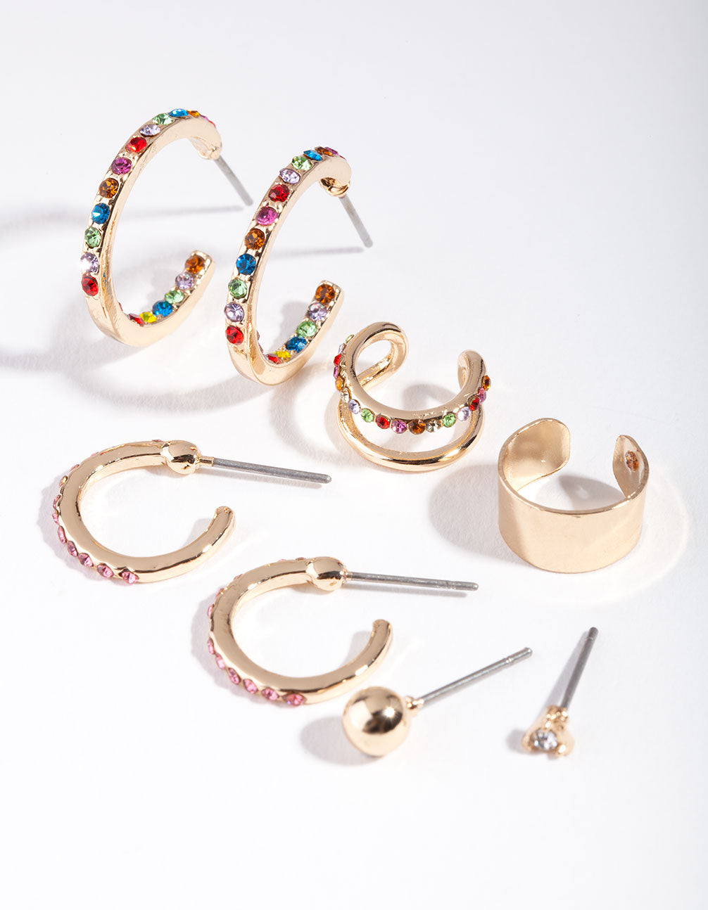 Gold Rainbow Diamante Stud Hoop Ear Stack