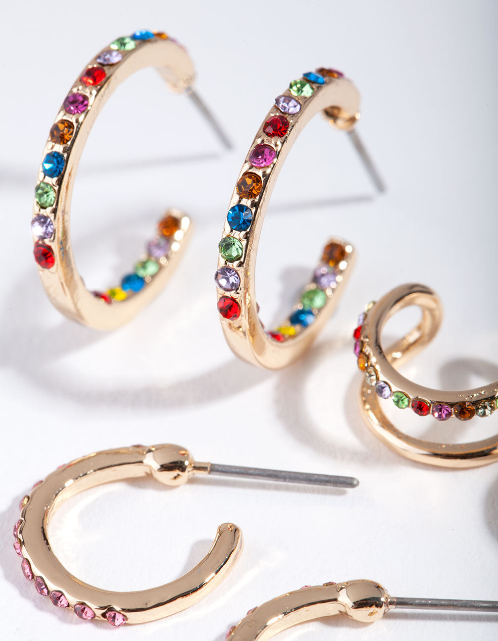 Gold Rainbow Diamante Stud Hoop Ear Stack