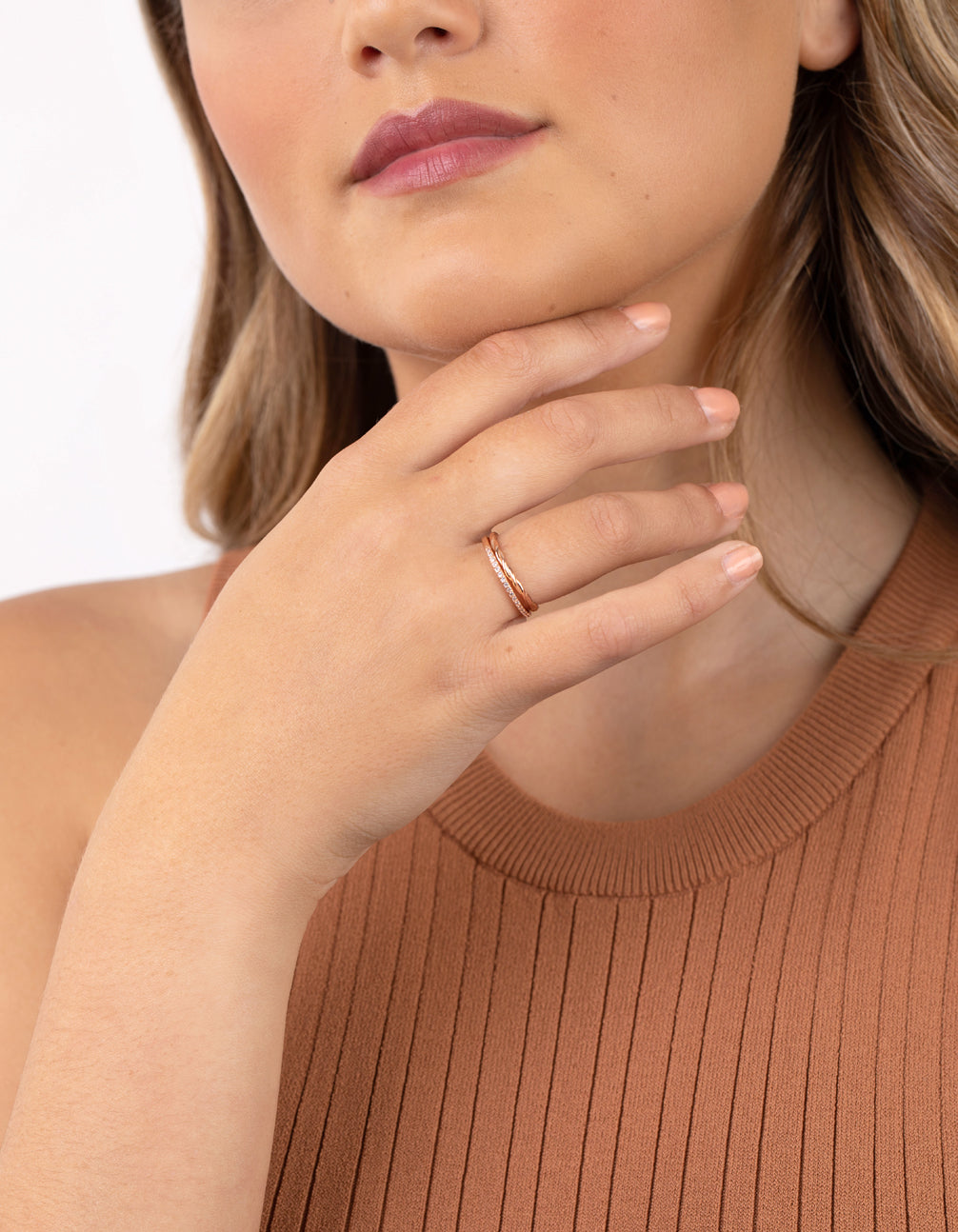 Rose Gold Twist & Diamante Ring Pack
