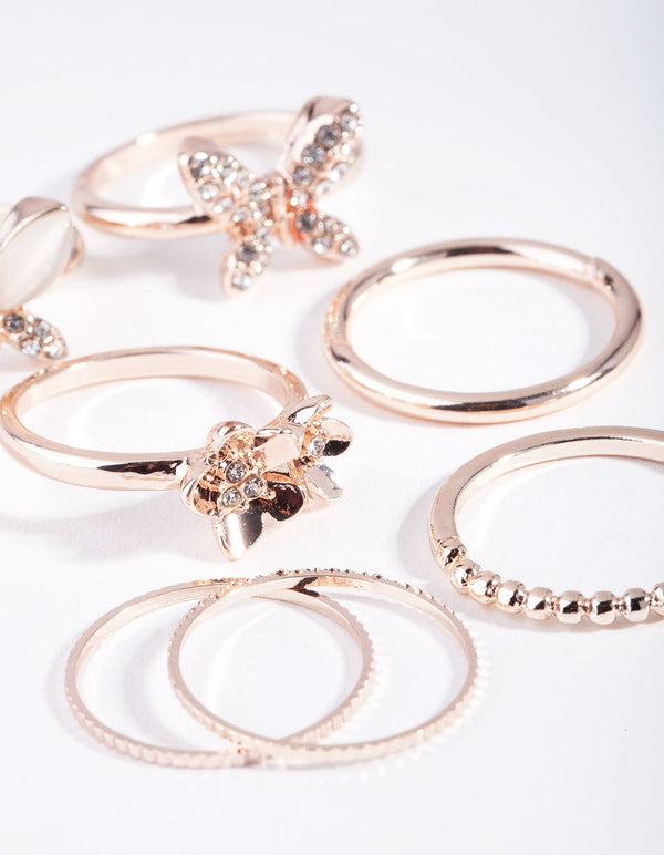 Rose Gold Butterfly & Flower Rings 7-Pack
