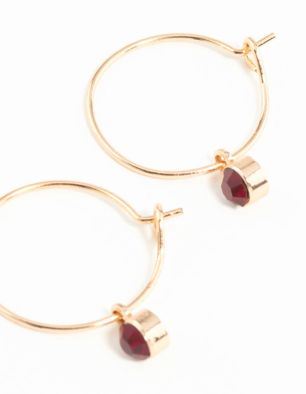 Gold Red Stone Fine Hoop Earrings