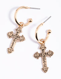 Gold Detailed Cross Huggie Earrings - link has visual effect only