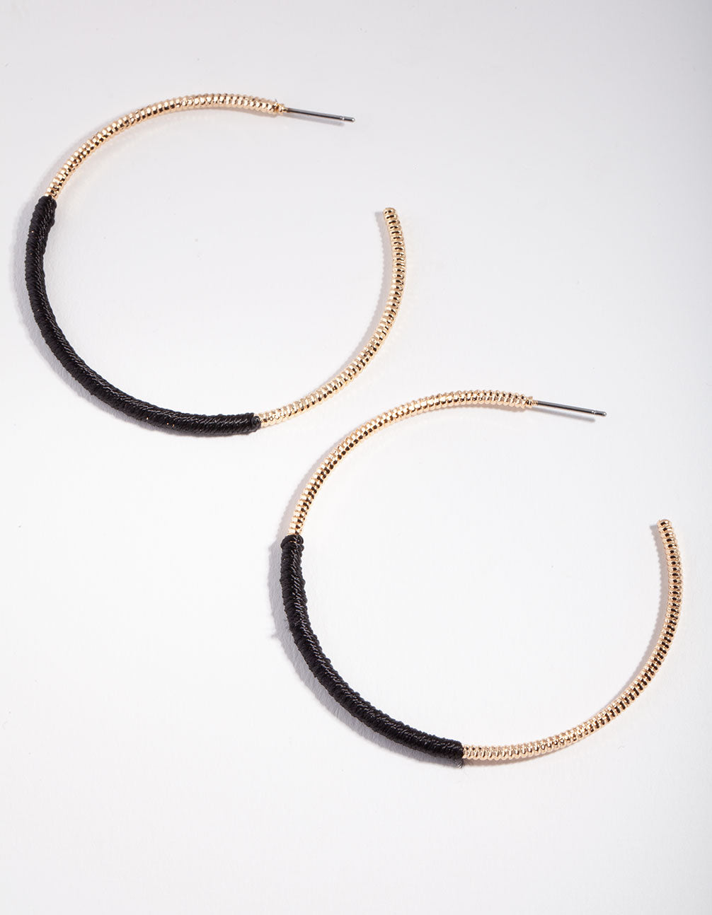 Gold Black Half Thread Wrapped Hoop Earrings