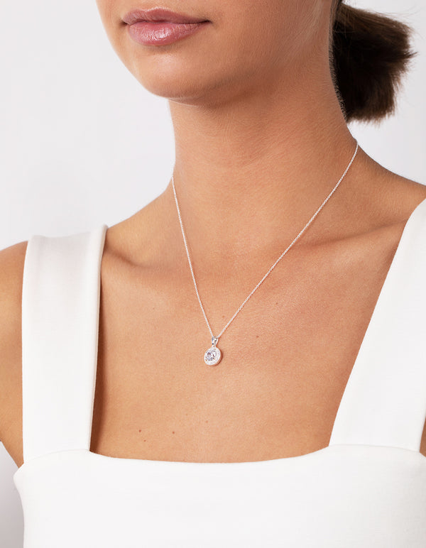 Sterling Silver Cubic Zirconia 100 Facet Round Halo Necklace