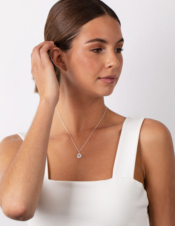 Sterling Silver Cubic Zirconia 100 Facet Round Halo Necklace