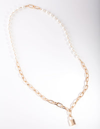 Gold Link & Pearl Padlock Necklace - link has visual effect only