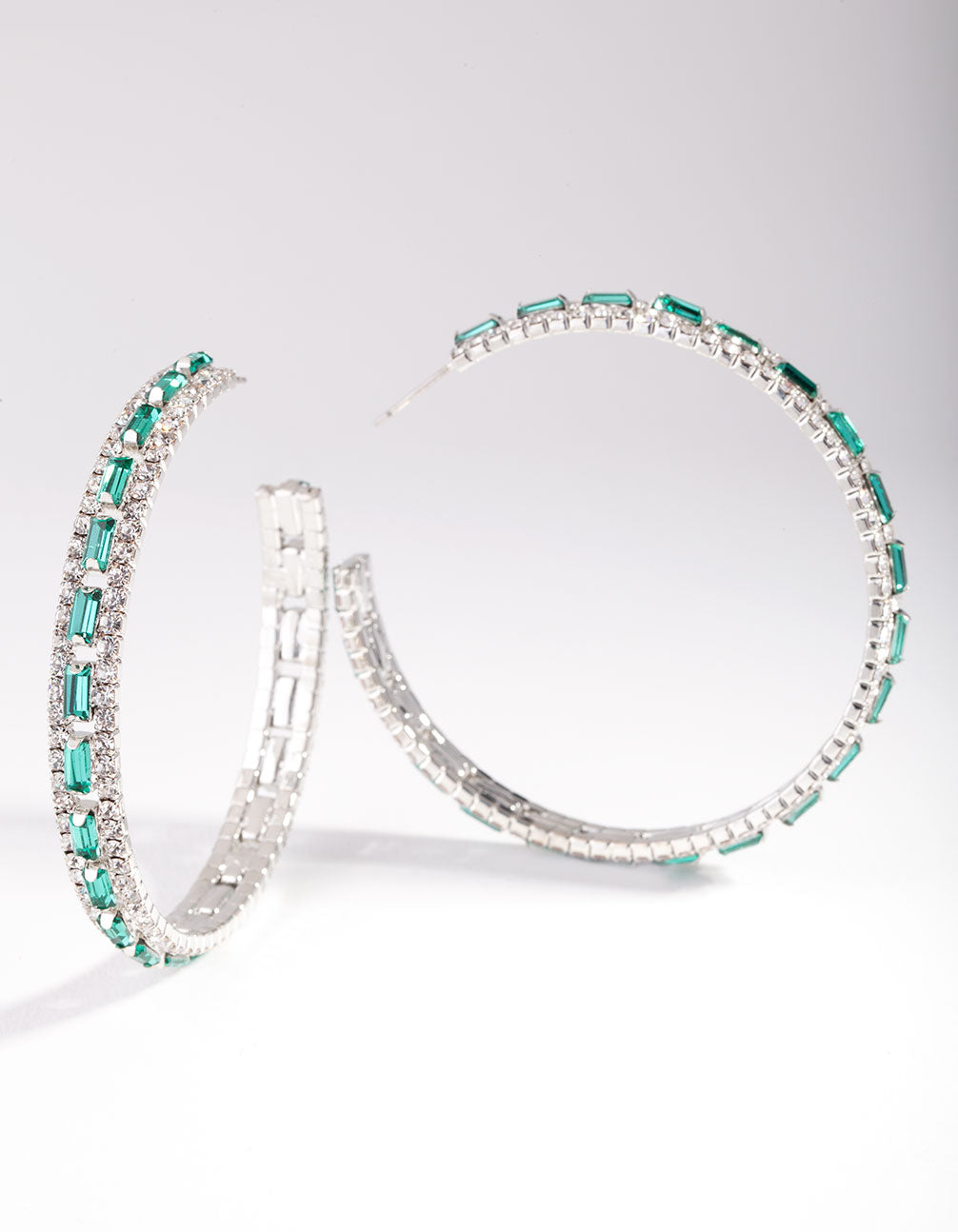 Silver Green Baguette Stone Centre Hoop Earrings