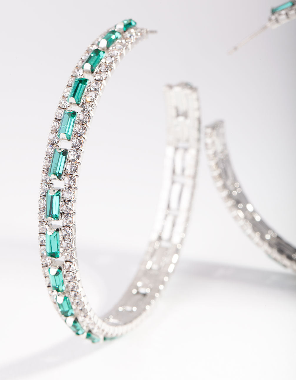 Silver Green Baguette Stone Centre Hoop Earrings