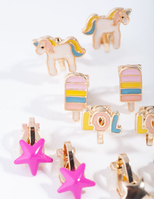 Kids Gold Unicorn & LOL 5-Pack Clip Earring