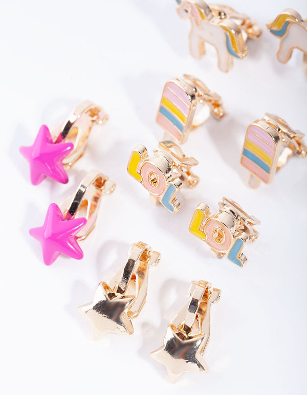 Kids Gold Unicorn & LOL 5-Pack Clip Earring