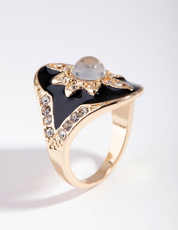 Gold Enamel Diamante Flower Ring