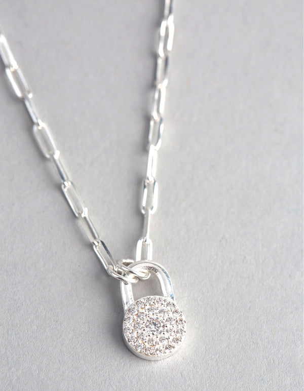 Sterling Silver Pave Padlock Oval Chain Necklace