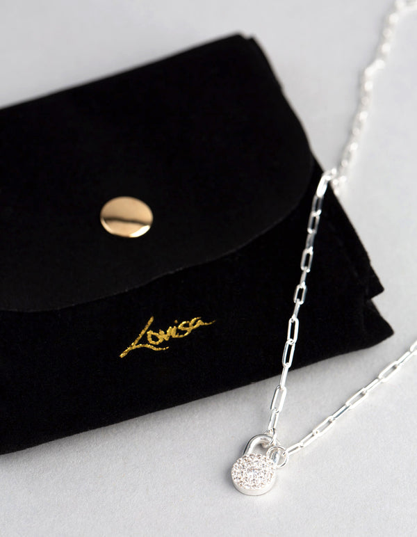 Sterling Silver Pave Padlock Oval Chain Necklace