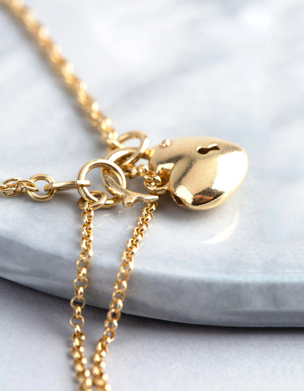 Gold Plated Sterling Silver Heart Padlock Hidden Clasp Bracelet