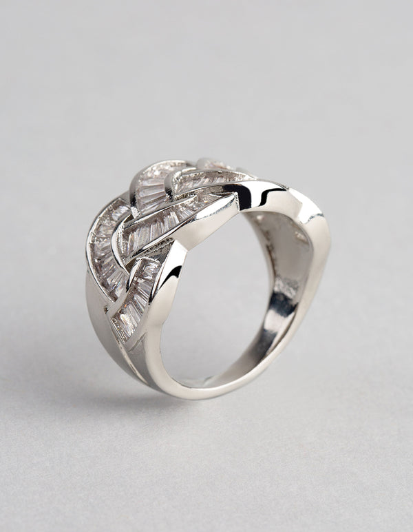 Silver Cubic Zirconia Baguette Stone Plaited Ring